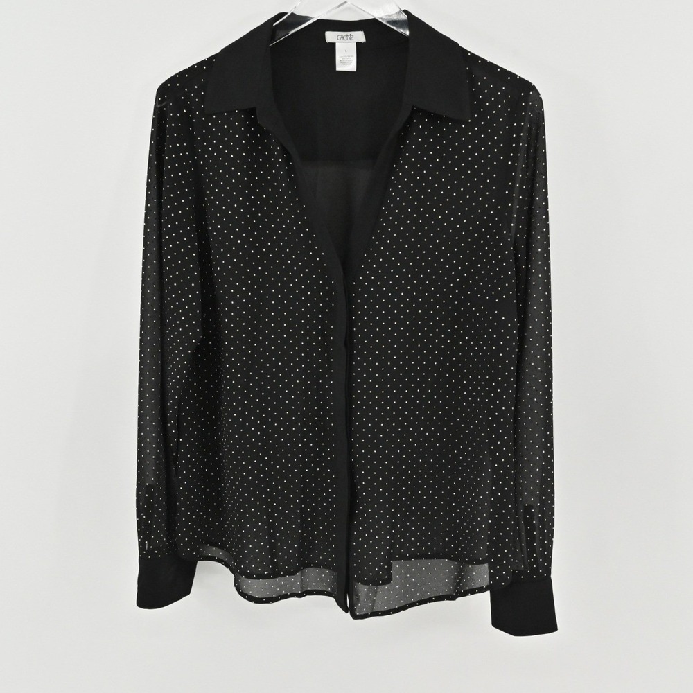 Cache Chiffon Studded Top Womens Size L Black Sheer Button Up Long Sleeve Chic